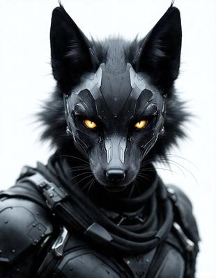 The primary subject of the image is a black and white photo of a wolf's head wearing a futuristic mask. The wolf's head is prominently featured, with the mask covering its face. The setting is a white background, which provides a clean and minimalistic look to the image. The visual style is a combination of photography and digital art, creating a unique and intriguing image. The colors are predominantly black and white, with the mask adding a touch of futuristic red. The